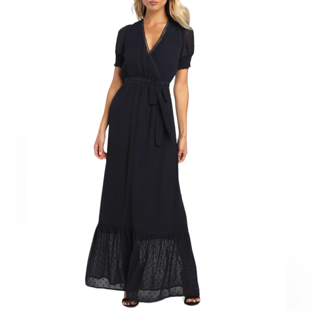 NWT Lulus Falling Into You Navy Blue Swiss Dot Tiered Maxi Dress